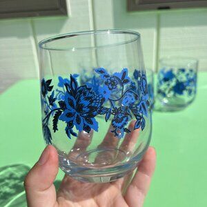 Vintage Blue & Black Floral Glasses – Set of 4